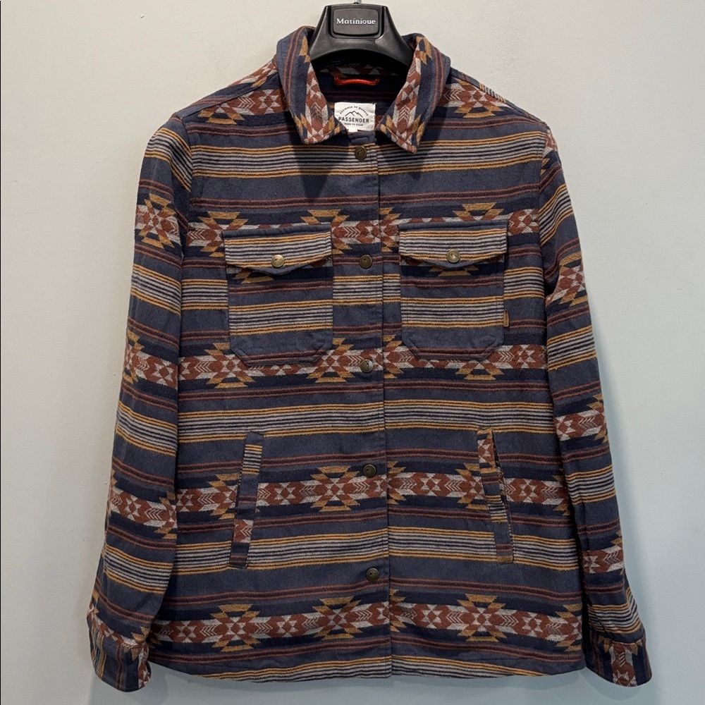 Passenger Brown Blue Aztec Shirt Jacket Snap Front Shacket Size Large - Picture 4 of 15
